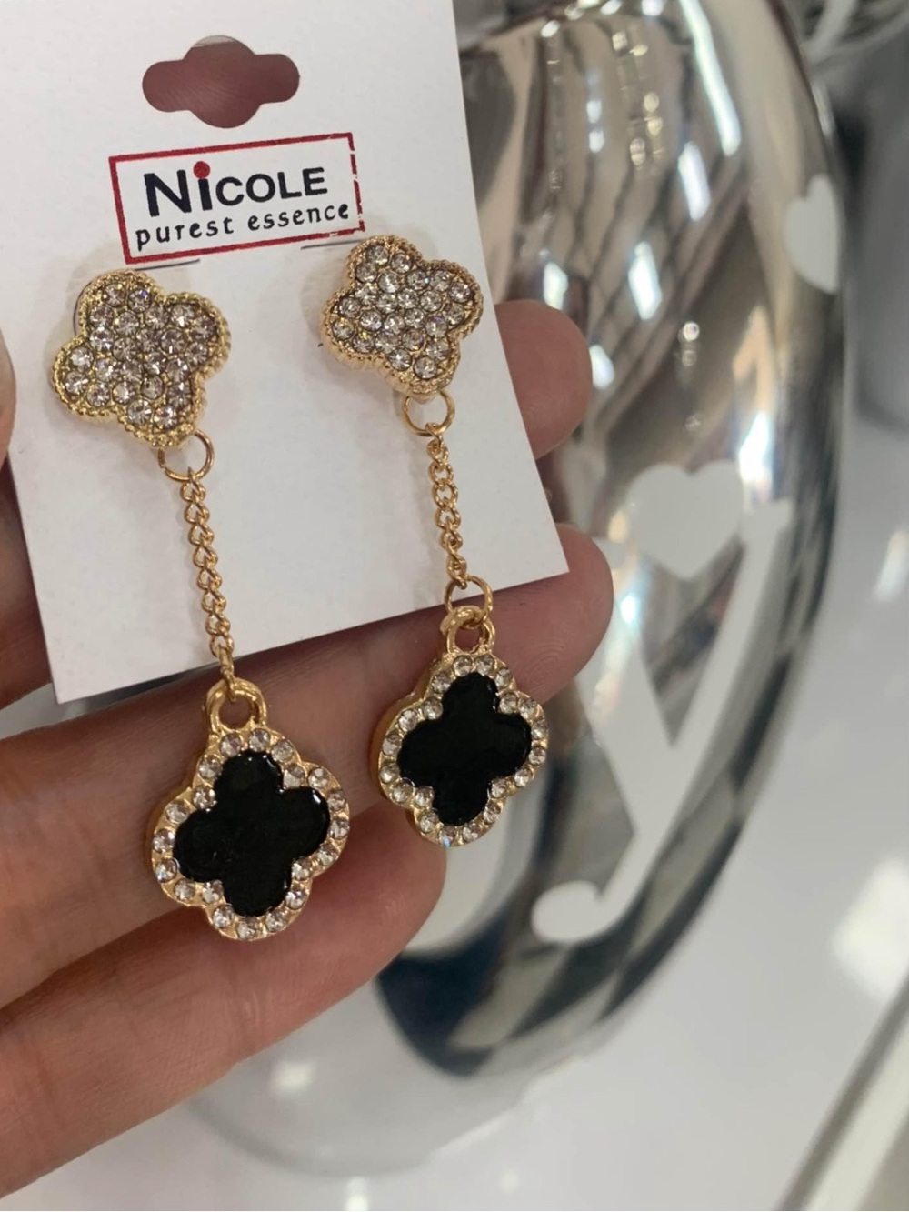 Nicole Gold-tone Black Clover dangle Earrings with Crystal Accents